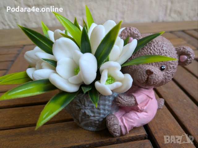 Букет свежи кокичета от ароматен сапун в керамична кашпа мече , снимка 5 - Декорация за дома - 53464091