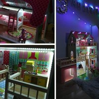 Дървена къща за кукли  Kinderplay Green GS0020 с Led светлини мебели 3 етажа къща за барби, снимка 4 - Кукли - 43408744