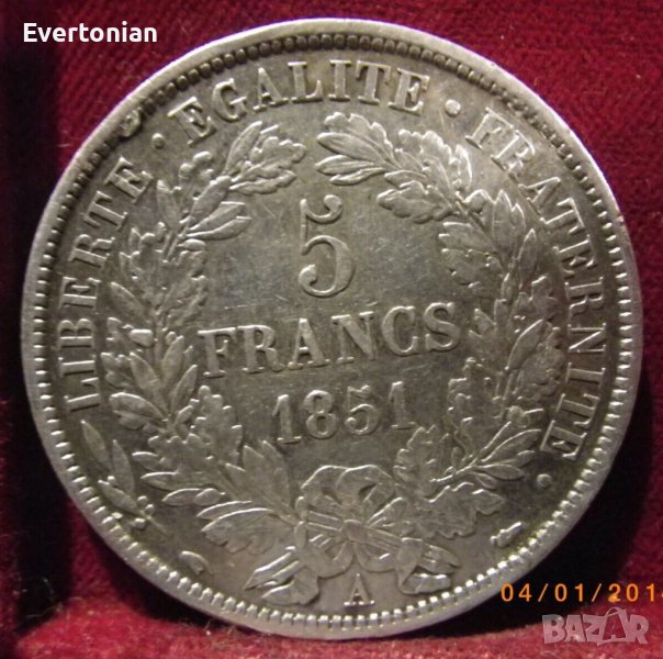 Франция 5 франка 1851 A / сребро, снимка 1