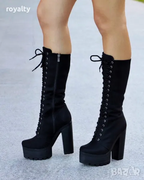 Ботуши на ток - черен велур с черно ходило, снимка 1