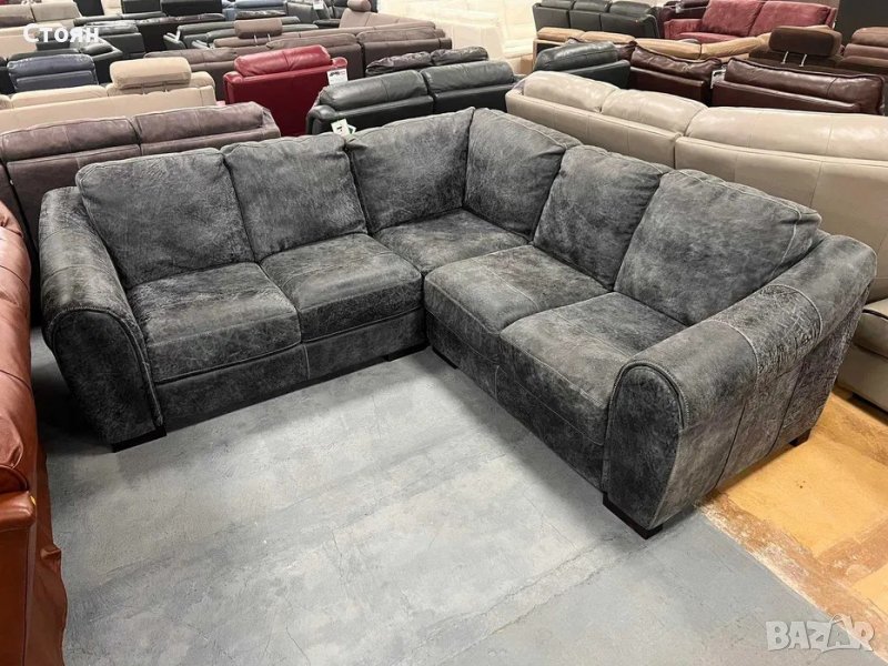 Сив кожен ъглов диван - телешки бокс "Galleria", снимка 1