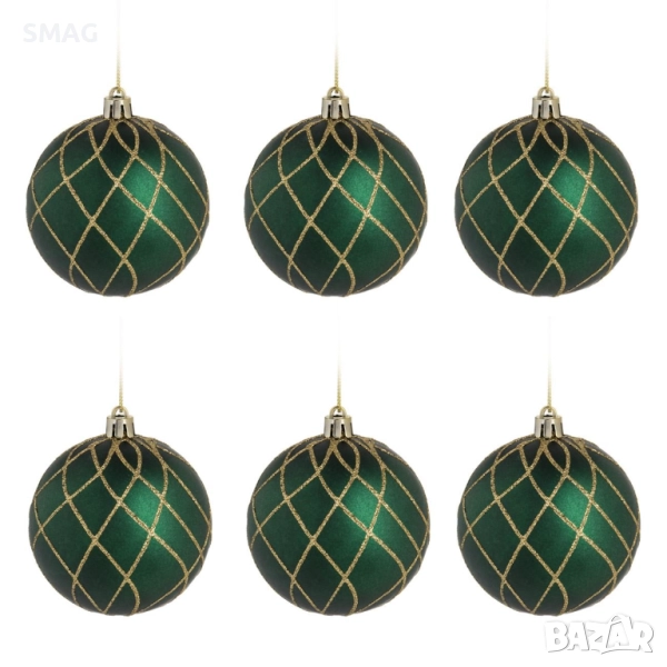 Комплект коледни топки зелени с брокат Ø8 см – 6 броя_1241030, снимка 1