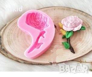 Роза божур с дръжка силиконов молд форма калъп фондан шоколад гипс декор, снимка 1