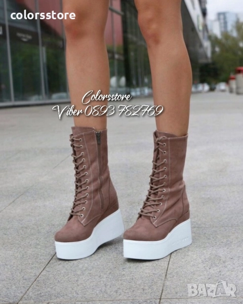 Боти на платформа - кафяв велур с бяло ходило - VP1 , снимка 1