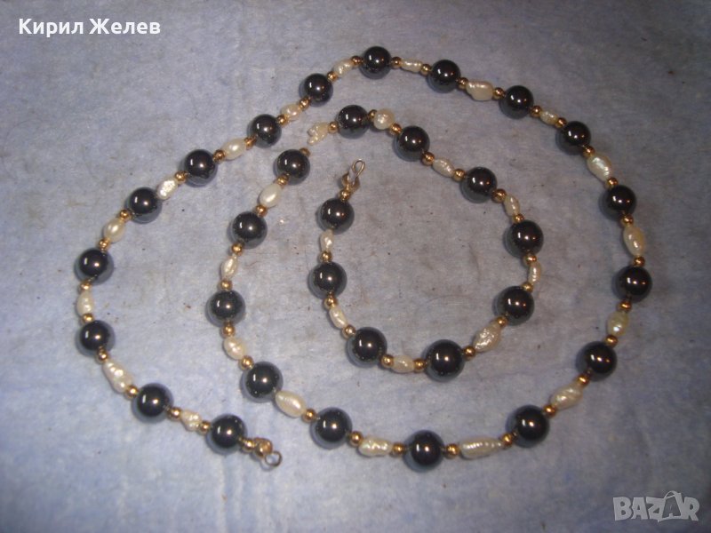 ФИНО КОЛИЕ с ШЛИФОВАН ХЕМАТИТ ТОПЧЕТА и ЕСТЕСТВЕНИ РЕЧНИ ПЕРЛИ и ЗЛАТИСТИ МЪНИСТА 27965, снимка 1