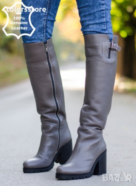 Ботуши на ток - сива ЕСТЕСТВЕНА кожа - LB204, снимка 1