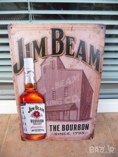 Метална табела уиски Jim Beam Bourbon since 1975 дестилерия бутилка рекламна, снимка 1