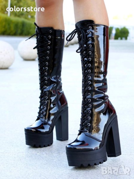 Ботуши на ток - черен лак с черно ходило - 593, снимка 1