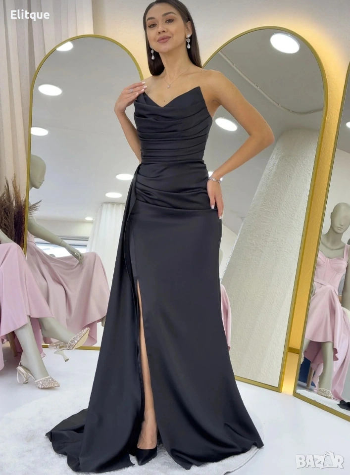 дълга сатенена рокля с цепка , снимка 1