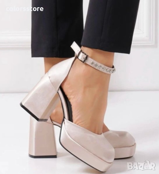 Сандали на ток - бежов сатен - VSN3 , снимка 1