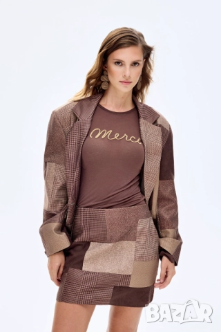 Кафява мини пола с пачуърк визия, високо качество, снимка 2 - Поли - 51879769