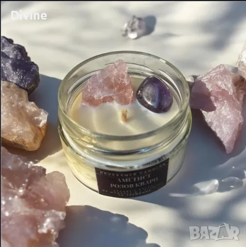 Свещ с аметист и розов кварц , снимка 1