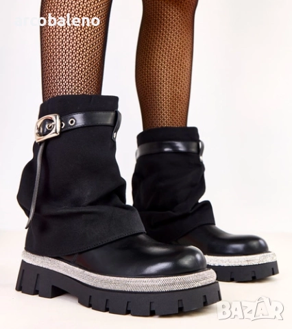 Дамски черни боти до глезена с навита горна част и кристали по краищата от Yemi, снимка 2 - Дамски боти - 52068477