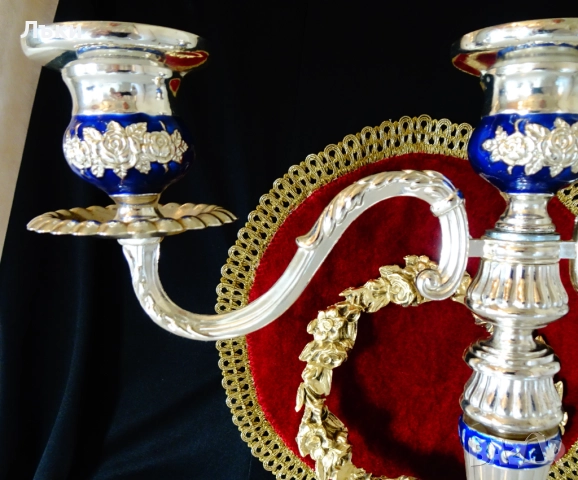 Посребрен троен свещник,рози,кобалт,рококо. , снимка 10 - Антикварни и старинни предмети - 52817267