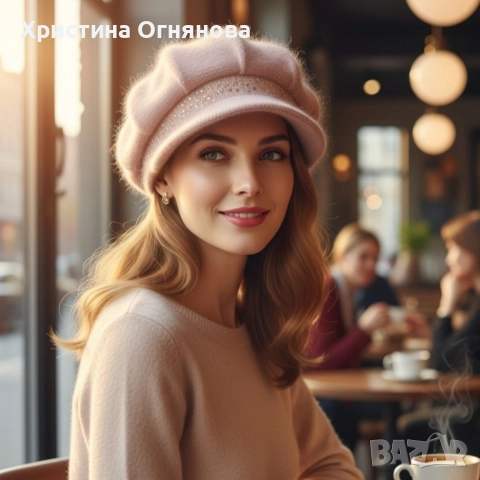 Дамска зимна плетена шапка с козирка и декоративни камъчета