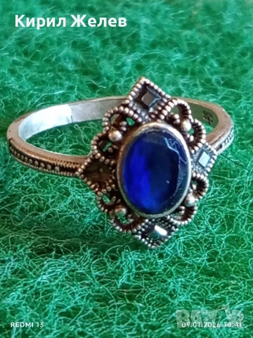 Сребърен пръстен с САПФИР повлиян от Викторианската епоха стил Арт Деко филигранна изработка 43320, снимка 2 - Пръстени - 53040875