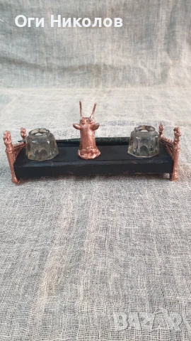 Стара антична мастилница от метал,дърво и кристал, снимка 4 - Антикварни и старинни предмети - 51230207