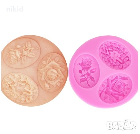  3 рози цветя в овал силиконов молд форма фондан украса торта декорация мъфини