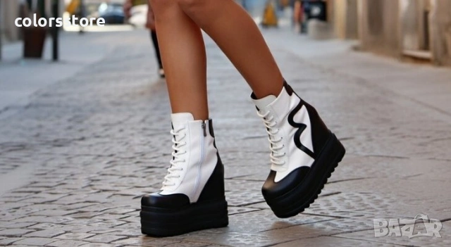 Боти на платформа - черно с бяло кожа - BML77

, снимка 1 - Дамски боти - 36119704