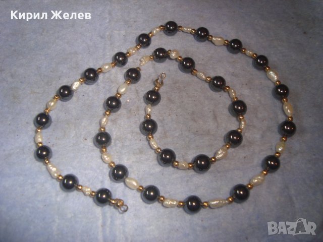 ФИНО КОЛИЕ с ШЛИФОВАН ХЕМАТИТ ТОПЧЕТА и ЕСТЕСТВЕНИ РЕЧНИ ПЕРЛИ и ЗЛАТИСТИ МЪНИСТА 27965