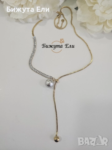 Колие стомана с перла и кристали , снимка 3 - Колиета, медальони, синджири - 51597170