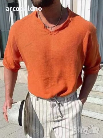 Мъжка едноцветна риза с V-образно деколте, 8цвята , снимка 4 - Ризи - 40761237