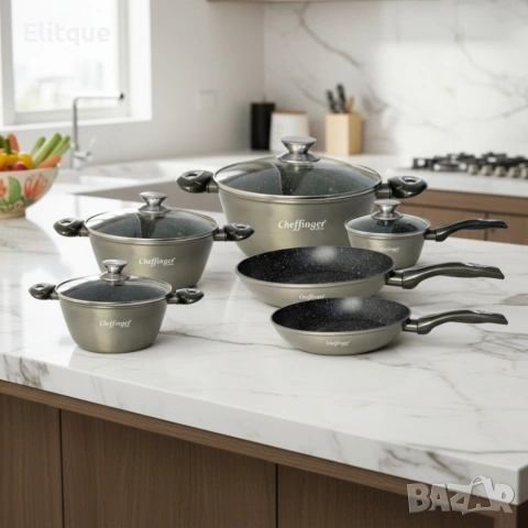 Комплект съдове за готвене Cheffinger от лят алуминий с мраморно покритие – 10 части, снимка 9 - Други - 53165297