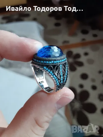Бутиков сребърен пръстен ръчна изработка с голям аквамарин, снимка 4 - Пръстени - 48031132