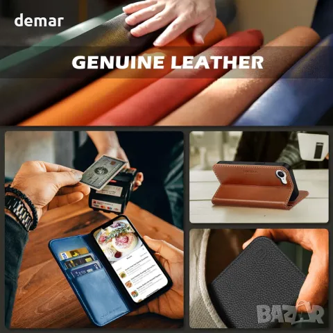 Калъф SHIELDON за iPhone 16e 6.1" 5G 2025, флип калъф от естествена кожа - тъмносин, снимка 9 - Калъфи, кейсове - 49506453