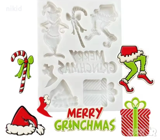 Гринч грийнч Grinch Коледен Merry Christmas силиконов молд форма фондан шоколад декор украса