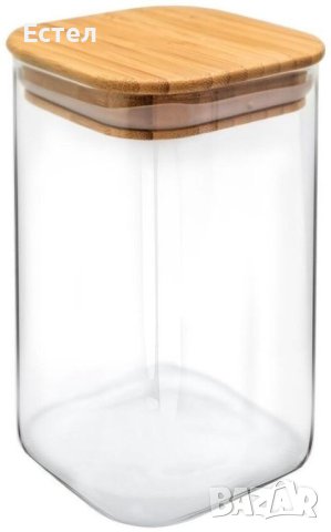 Квадратен стъклен буркан с дървена капачка, различни размери, снимка 2 - Аксесоари за кухня - 43425769