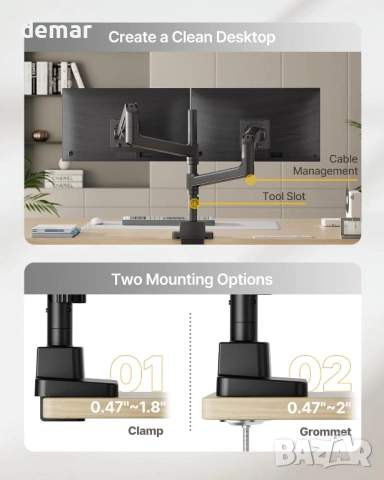 Двойно рамо за монитори monTEK за ултрашироки екрани 17-57", до 27 кг, VESA монтаж 75/100 мм, черно, снимка 7 - Монитори - 53402243