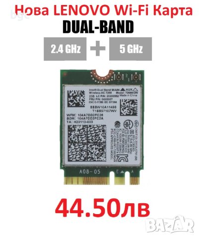 НОВА Wi-Fi Карта Intel 7260AC за FRU 04W6059 04W3806 04W3844 04x6082 T440 T440S X240S Y50-70 и други, снимка 2 - Лаптоп аксесоари - 39696088