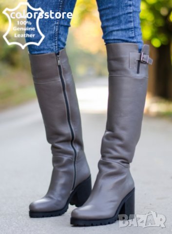 Ботуши на ток - сива ЕСТЕСТВЕНА кожа - LB204