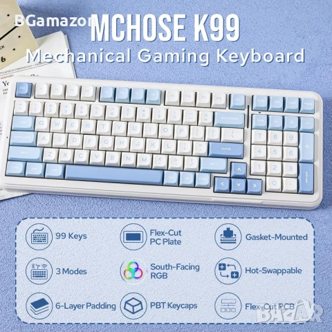 Чисто нова MCHOSE K99 96% безжична геймърска клавиатура, механична клавиатура с уплътнение, BT5.0..., снимка 1