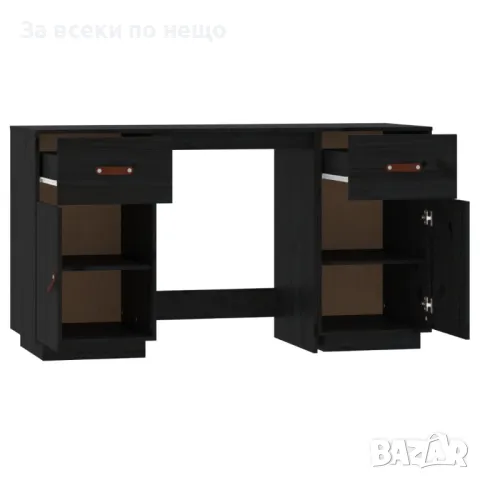 Бюро с шкафове, черно, 135x50x75 см, борово дърво масив
