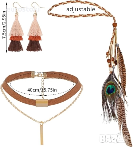 Fumwase  Хипи костюм от 4 части с тема 60-те и 70-те години, жилетка с ресни, лента за глава с пера, снимка 3 - Костюми - 52506935