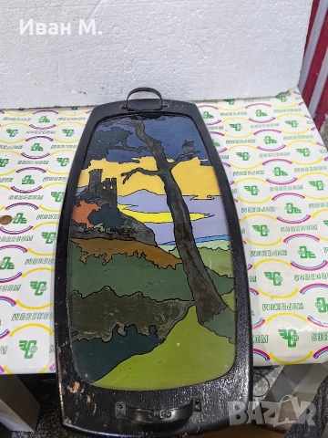 Стар дървен поднос с рисувано стъкло , снимка 2 - Други ценни предмети - 52811462