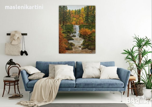 Картина с маслени бои Водопад през есента, снимка 5 - Картини - 30485231