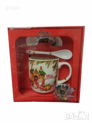 Порцеланова Коледна чаша с чинийка и лъжичка, в кутия, снимка 2 - Чаши - 47389266