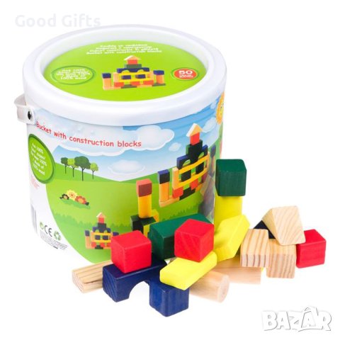 Цветни Дървени кубчета в кофа, 50 части Дървен конструктор, снимка 3 - Конструктори - 43375150