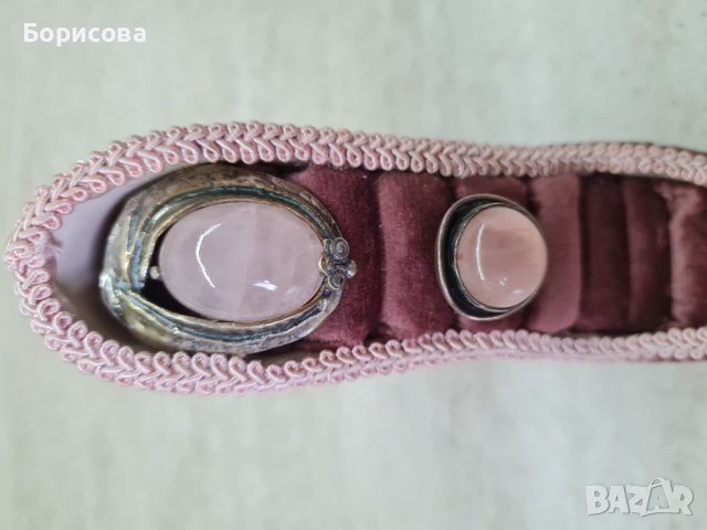 Сребърен комплект - пръстен и брошка с розов кварц, снимка 1 - Бижутерийни комплекти - 38999370