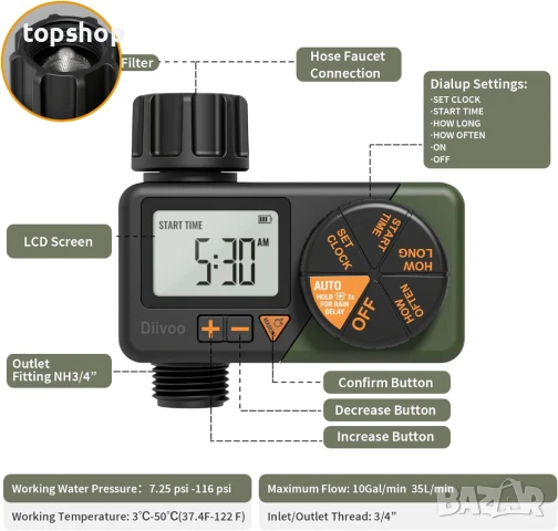 НОВ Таймер за поливане Diivoo със седмични и дневни програми, забавяне при дъжд дъжд, ръчно поливане, снимка 7 - Градински инструменти - 50742094