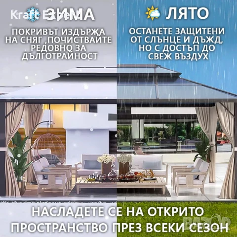 Луксозна Шатра KraftWorld Tenerife – 3×4 м с Твърд Покрив,Мрежа и Завеси, снимка 16 - Градински мебели, декорация  - 51206305