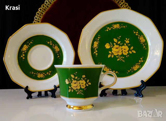 Чаша с чинии баварски порцелан,злато,рози,смарагд, снимка 3 - Чаши - 38215190