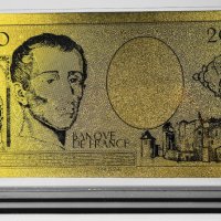 Златна банкнота 200 Френски франка в прозрачна стойка - Реплика, снимка 2 - Нумизматика и бонистика - 27080394