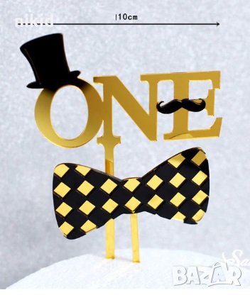 ONE 1 годинка с папионка мустак шапка златен твърд акрил за торта бебешки бебе рожден ден украса , снимка 1
