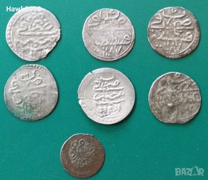 Колекция НЕПРОБИТИ 7 ахчета акчета ахче акче сребърни Османски монети мангъри, снимка 1