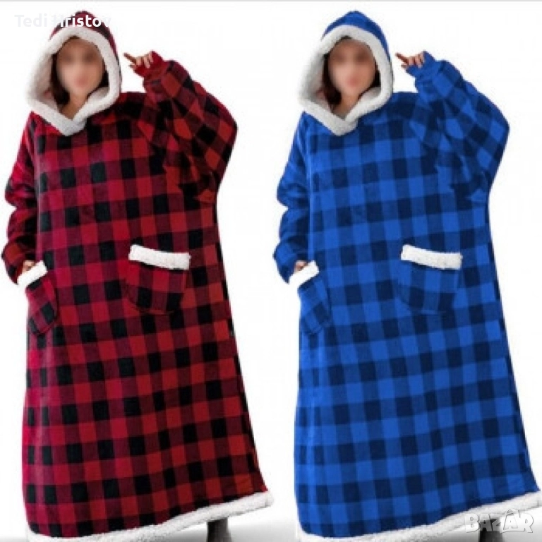 Одеяло с качулка / Дълго одеяло за носене, с джобове/ Цвят: син, червен/ Дължина: 1.08метра, снимка 1