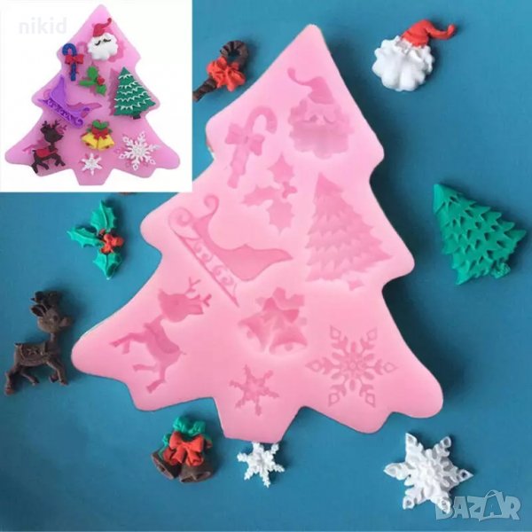 Коледен елха с елен снежинка шейна имел камбанки силиконов молд форма фондан, снимка 1